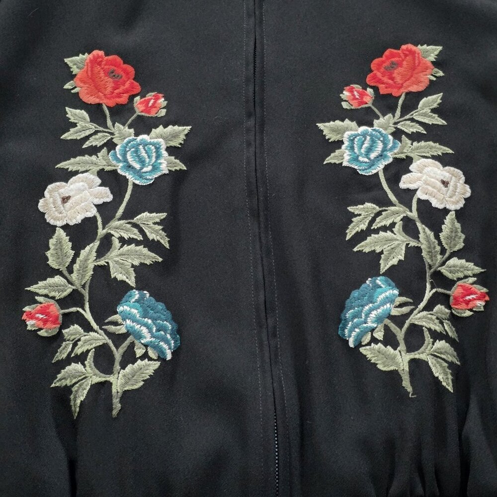 Karen Kane Floral Embroidered Bomber Jacket Womens L Black LS Zip Pockets Lined - Picture 11 of 16